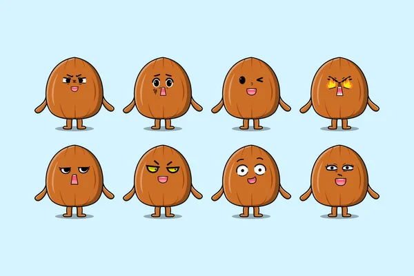 Set Kawaii Almendra Personaje Dibujos Animados Con Diferentes Expresiones Ilustraciones — Vector de stock