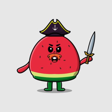 Şirin bir maskot karakteri. Karpuz korsanı. Şapkası var ve modern tasarımda kılıç tutuyor.