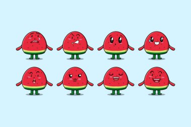Kawaii karpuz çizgi film karakterini farklı ifadelerle çizgi film yüz çizimleri ile ayarla
