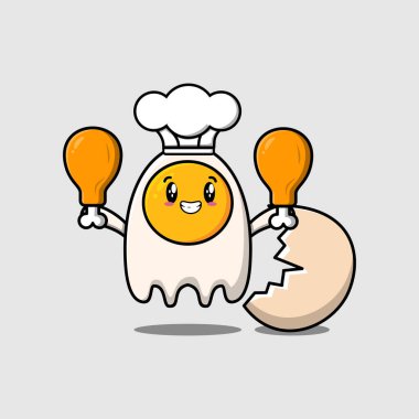 Sevimli çizgi film Kızarmış Yumurta Şef karakteri iki tavuk butunu düz çizgi film stili resimde tutuyor.