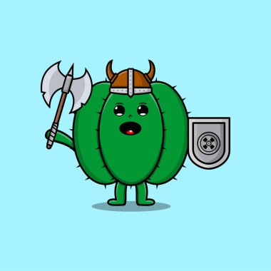 Sevimli çizgi film karakteri Kaktüs Viking korsanı şapkası ve baltası ve kalkanı var.