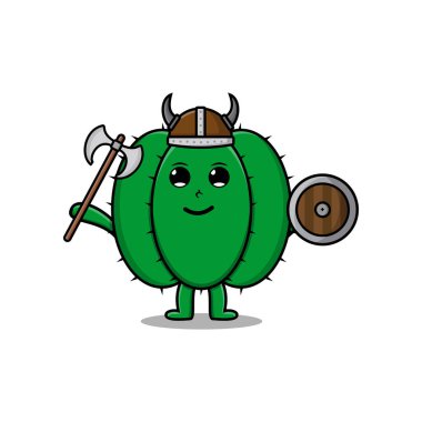 Sevimli çizgi film karakteri Kaktüs Viking korsanı şapkası ve baltası ve kalkanı var.