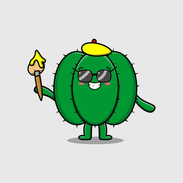 Mignon Personnage Dessin Animé Cactus Peintre Avec Chapeau Pinceau Pour — Image vectorielle