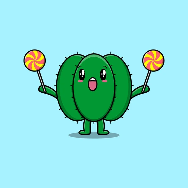 Lindo Personaje Cactus Dibujos Animados Con Caramelos Piruleta Ilustración Plana — Archivo Imágenes Vectoriales