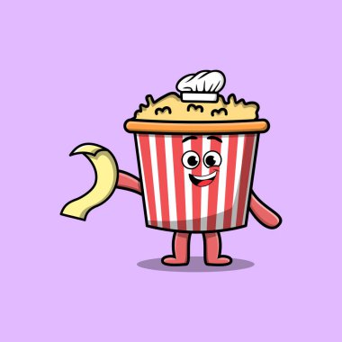 Sevimli çizgi film Patlamış Mısır şefi karakteri elinde şirin bir tasarım çizimi var.