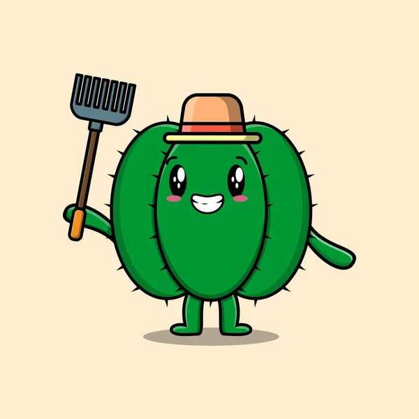 Lindo Dibujo Animado Trabajador Agrícola Cactus Con Imagen Vector Pitchfork — Vector de stock
