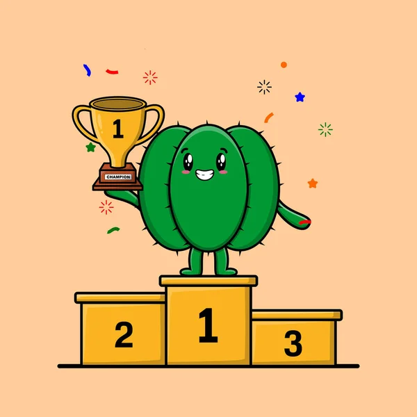 Cute Postać Kaktus Kreskówki Jako Pierwszy Zwycięzca Happy Expression Nowoczesnej — Wektor stockowy