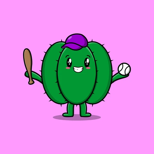 Leuke Cartoon Cactus Karakter Spelen Honkbal Moderne Stijl Ontwerp — Stockvector