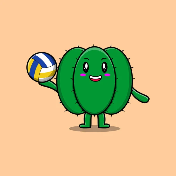 Mignon Personnage Cactus Dessin Animé Jouant Volley Ball Dans Illustration — Image vectorielle