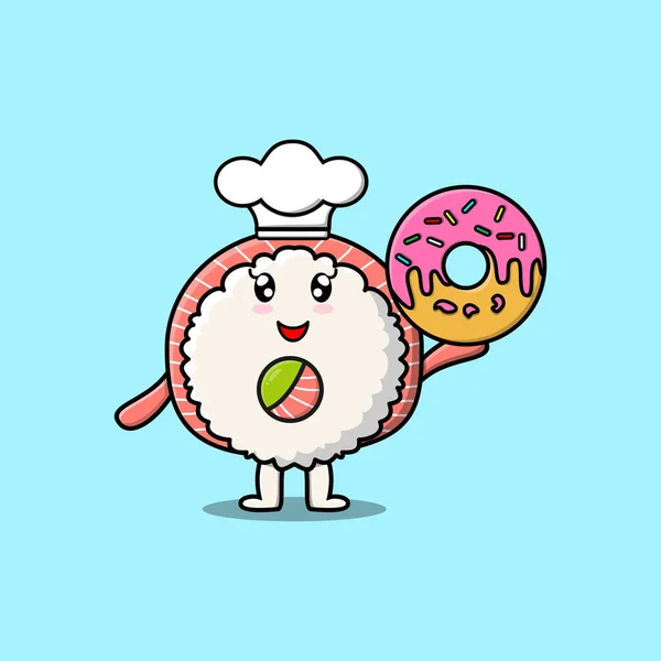 Χαριτωμένο Καρτούν Ρύζι Σούσι Ρολά Sashimi Chef Χαρακτήρα Ντόνατς Επίπεδη — Διανυσματικό Αρχείο