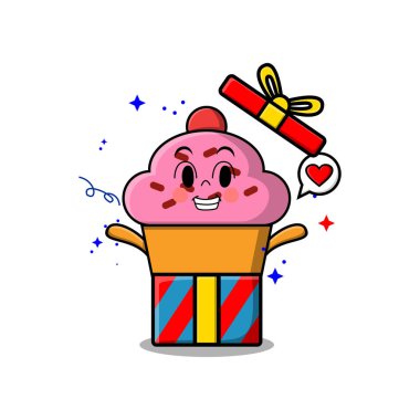 Büyük hediye kutusundan çıkan şirin bir çizgi film karakteri. Çok mutlu düz çizgi film tarzı.