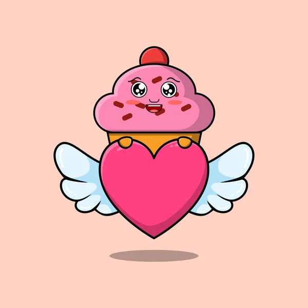 Bonito Desenho Animado Cupcake Personagem Escondendo Coração Plano Desenho Animado — Vetor de Stock