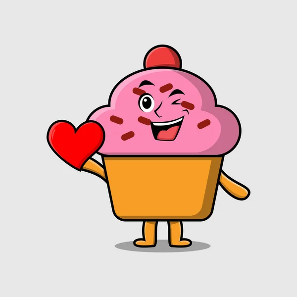 Nette Cartoon Cupcake Figur Hält Großes Rotes Herz Modernem Stil — Stockvektor