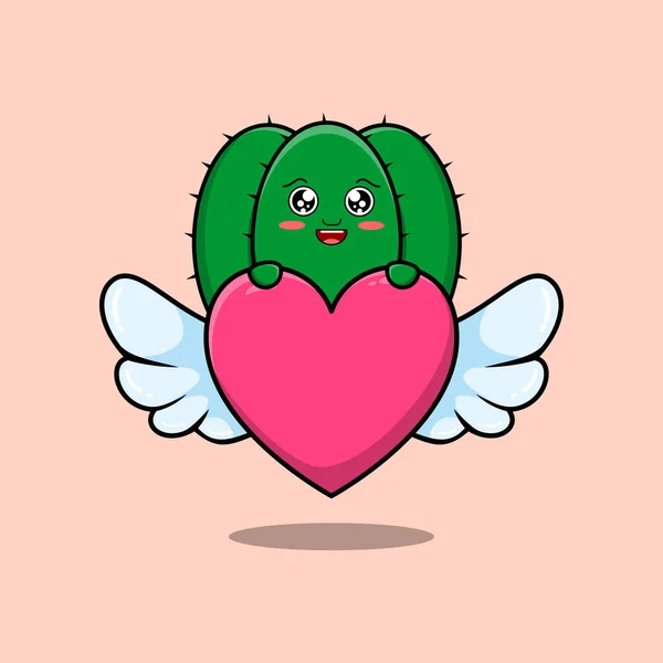 Lindo Personaje Cactus Dibujos Animados Ocultar Corazón Ilustración Plana Estilo — Archivo Imágenes Vectoriales