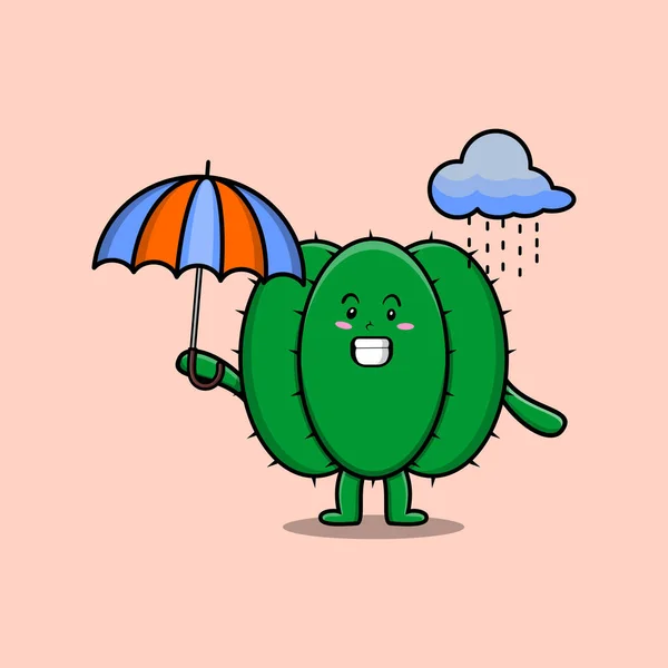 Leuke Cartoon Cactus Karakter Regen Met Behulp Van Een Paraplu — Stockvector