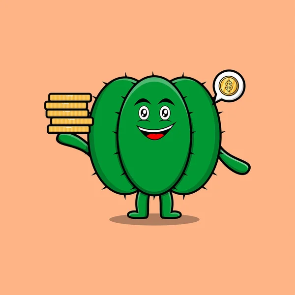 Niedliche Cartoon Kaktus Figur Hält Gestapelten Goldmünzen Vektor Illustration — Stockvektor