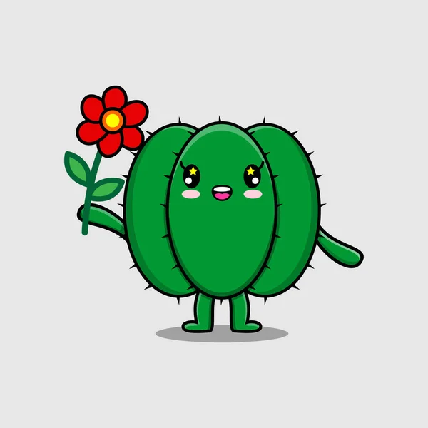 Desenhos Animados Bonitos Cactus Personagem Segurando Flor Vermelha Conceito Desenho — Vetor de Stock