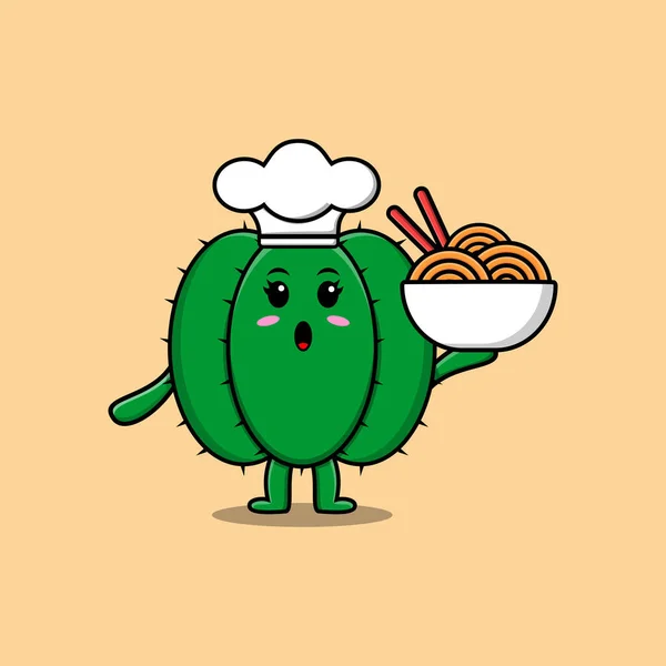 Mignon Dessin Animé Cactus Chef Personnage Tenant Des Nouilles Dans — Image vectorielle