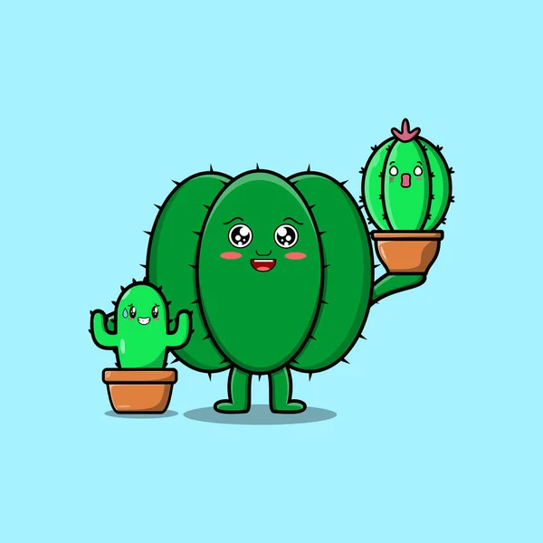 Cute Cartoon Cactus Character Holding Cactus Plant Pot Vector Icon — Stock Vector