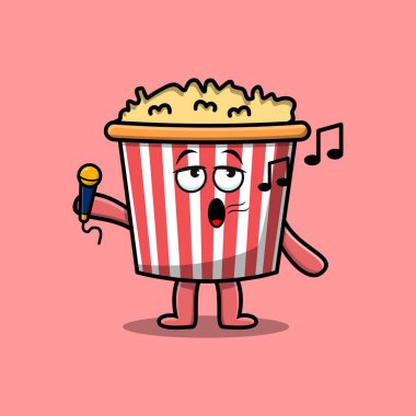 Tatlı çizgi film Popcorn şarkıcısı karakteri mikrofonu yassı modern tarzda dizayn ediyor.