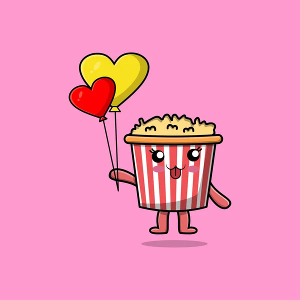 Leuke Cartoon Popcorn Zweven Met Liefde Ballon Cartoon Vector Illustratie — Stockvector