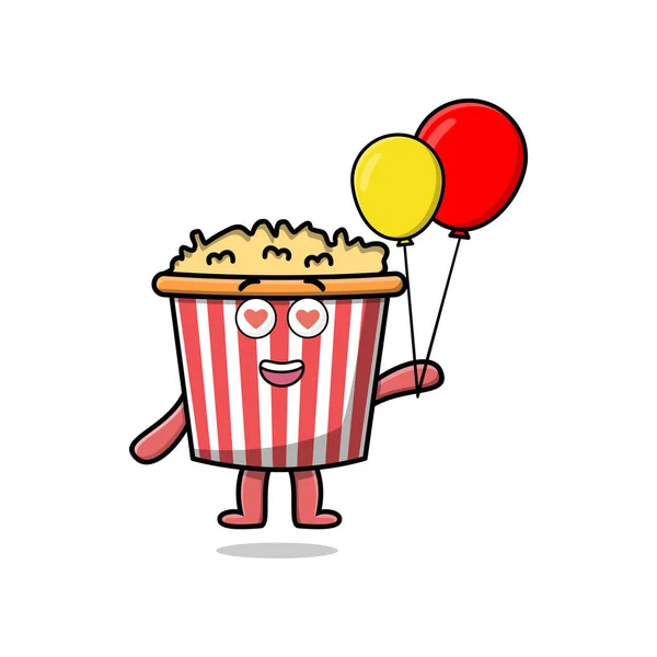 Carino Cartone Animato Popcorn Galleggiante Con Palloncino Fumetto Vettore Illustrazione — Vettoriale Stock