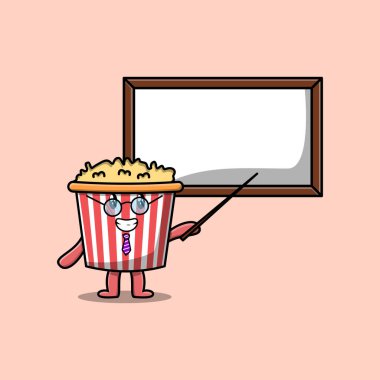 Çizgi film karakteri Popcorn öğretmeni karakteri düz çizgi film stili konseptiyle beyaz tahtayla öğretiyor.