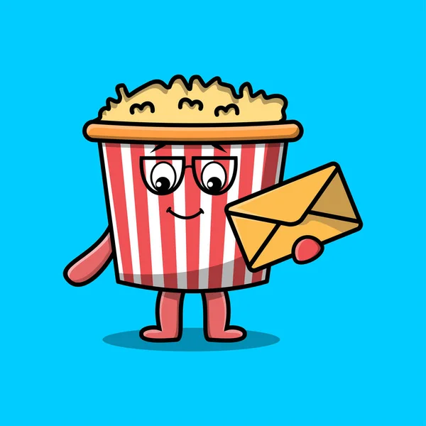 Bonito Desenho Animado Popcorn Segurando Envelope Com Desenho Animado Vetor — Vetor de Stock