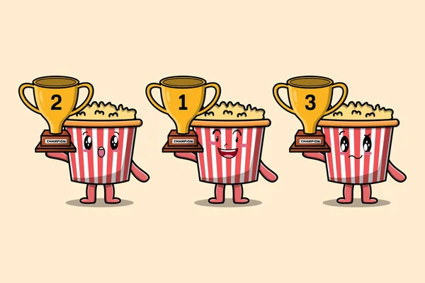 Set of cute cartoon Popcorn holding trophy with happy expression in 3d modern style design