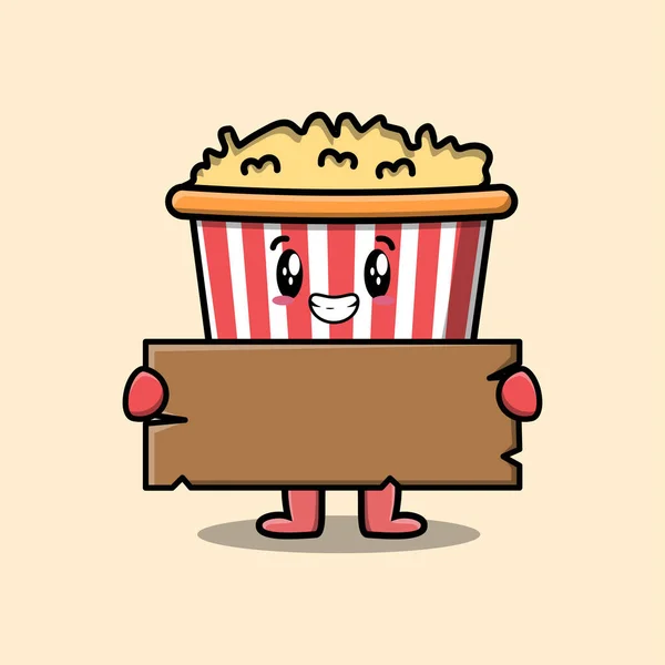 Cute Kreskówki Popcorn Charakter Gospodarstwa Puste Drewniane Wektor Deska Tekst — Wektor stockowy