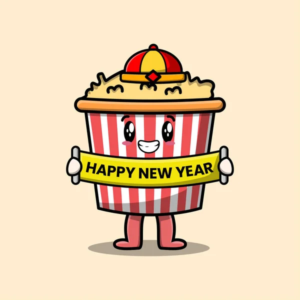 Roztomilý Karikatura Popcorn Čínský Znak Držení Šťastný Nový Rok Palubě — Stockový vektor