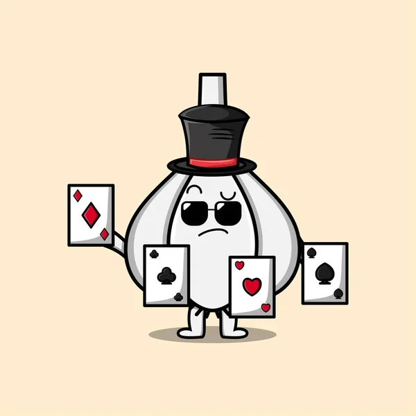 Desenhos Animados Bonitos Personagem Mágico Alho Jogando Cartas Mágicas Ilustração — Vetor de Stock