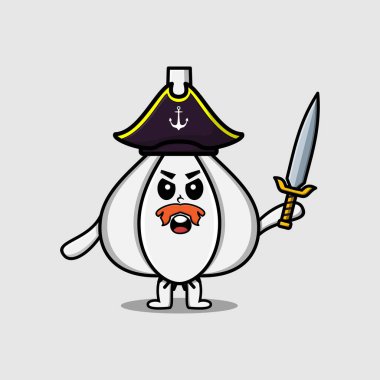 Sevimli maskot karakteri Sarımsak korsan şapkalı ve kılıç tutan modern tasarım.