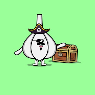 Sevimli çizgi film karakteri Sarımsak korsan modern tarz tasarımı ile hazine kutusu çizimi
