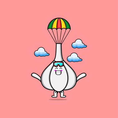 Şirin maskot çizgi filmi Sarımsak paraşüt ve mutlu bir jest çizimiyle paraşütle atlıyor.