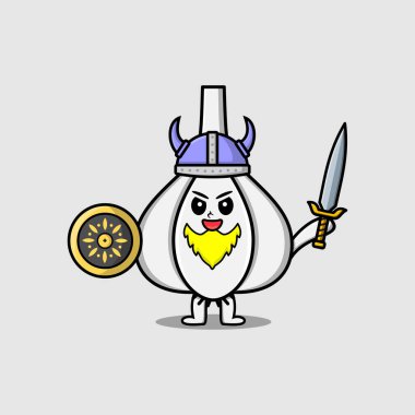 Sevimli çizgi film karakteri, sarımsak viking korsanı, şapkası ve elinde kılıç ve kalkan çizimi var.