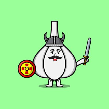 Sevimli çizgi film karakteri, sarımsak viking korsanı, şapkası ve elinde kılıç ve kalkan çizimi var.