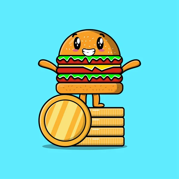 Mignon Personnage Dessin Animé Burger Debout Dans Illustration Vectorielle Pièce — Image vectorielle