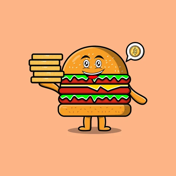 Söt Tecknad Burger Karaktär Innehav Staplade Guld Mynt Vektor Illustration — Stock vektor