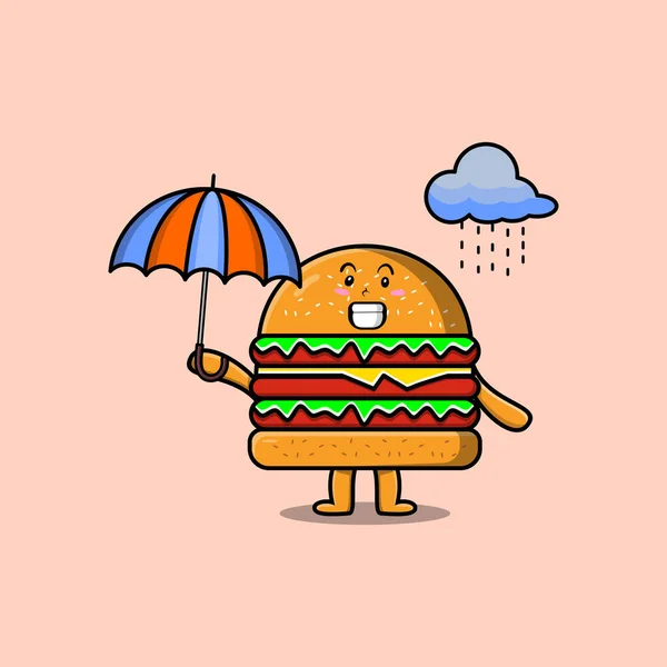 Yağmurda Tatlı Çizgi Film Burger Karakteri Düz Modern Stil Tasarımında — Stok Vektör