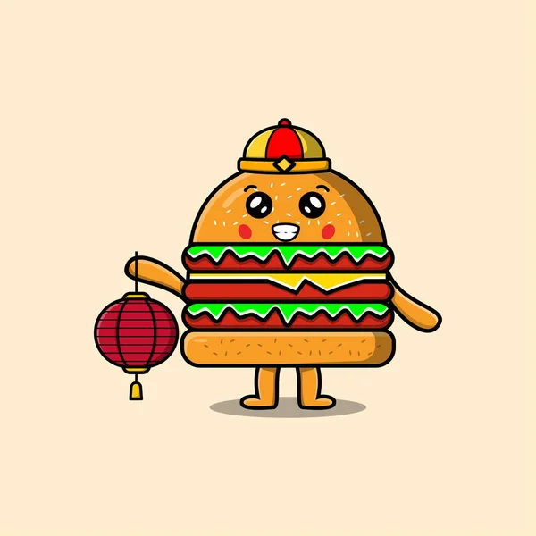 Cute Cartoon Burger Chinese Character Holding Lantern Vector Icon Illustration — Stock Vector