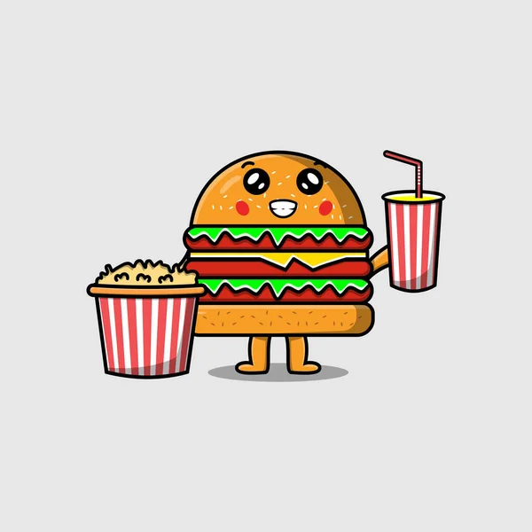 Söt Tecknad Burger Med Popcorn Och Dryck Redo Att Titta — Stock vektor