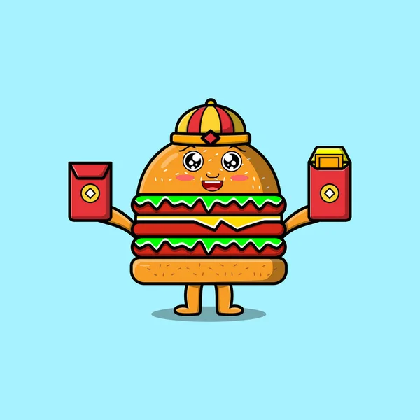 Desenhos Animados Bonitos Burger Personagem Chinês Segurando Pacotes Vermelhos Ícone — Vetor de Stock