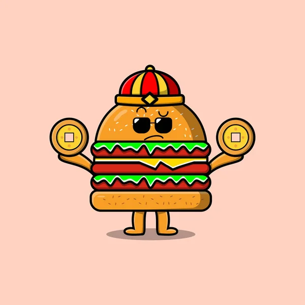 Desenho Animado Bonito Burger Personagem Chinês Segurando Moeda Ilustração Ícone — Vetor de Stock