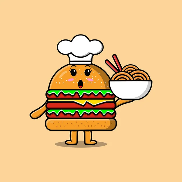 かわいい漫画バーガーシェフキャラクターがボウルに麺を保持フラット漫画スタイルのイラスト — ストックベクタ