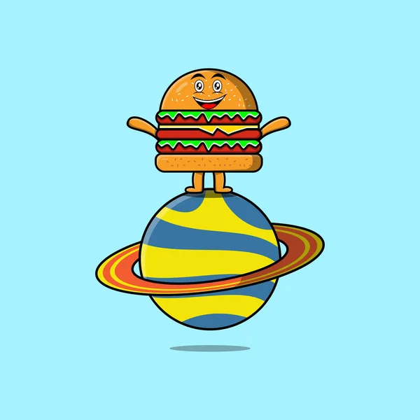 Roztomilý Karikatura Burger Znak Stojící Planetě Vektorové Ikony Ilustrace — Stockový vektor