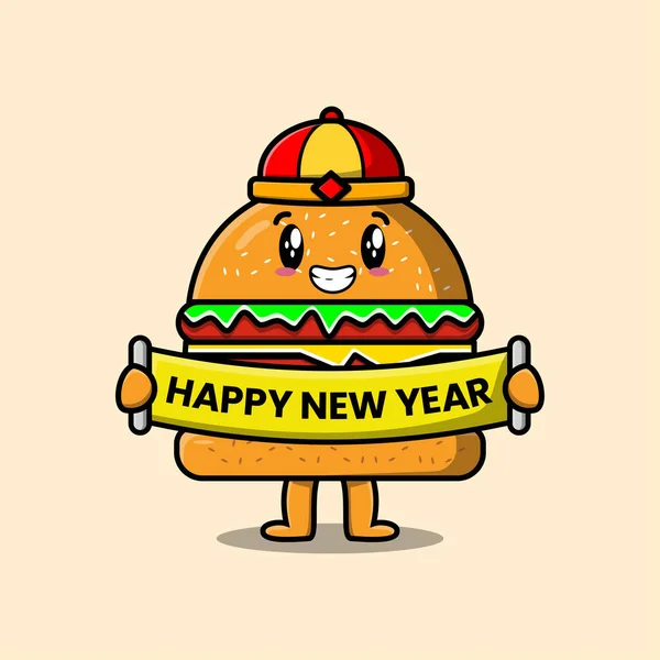 Χαριτωμένο Χαρακτήρα Burger Κινουμένων Σχεδίων Κρατώντας Ευτυχισμένη Εικόνα Του Νέου — Διανυσματικό Αρχείο
