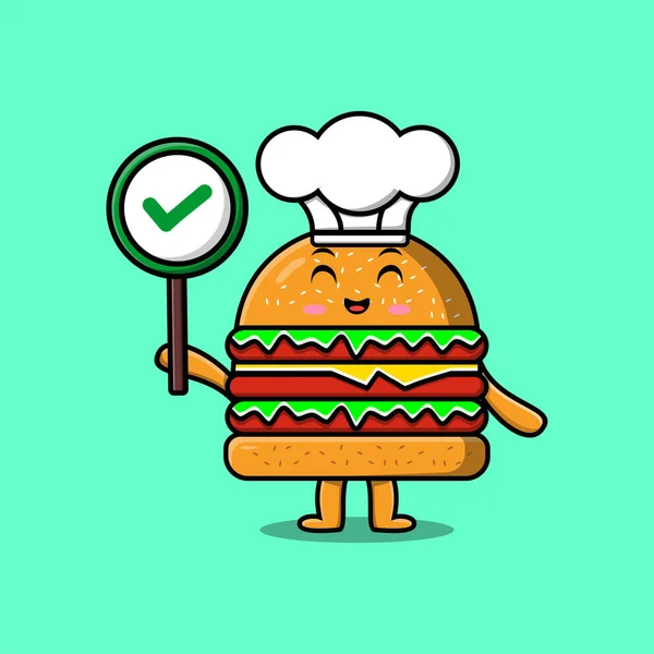 Desenhos Animados Bonitos Burger Chef Personagem Segurando Placa Sinalização Correta — Vetor de Stock