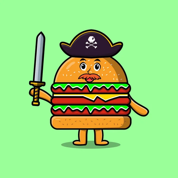 Lindo Personaje Mascota Dibujos Animados Burger Pirata Con Sombrero Espada — Vector de stock