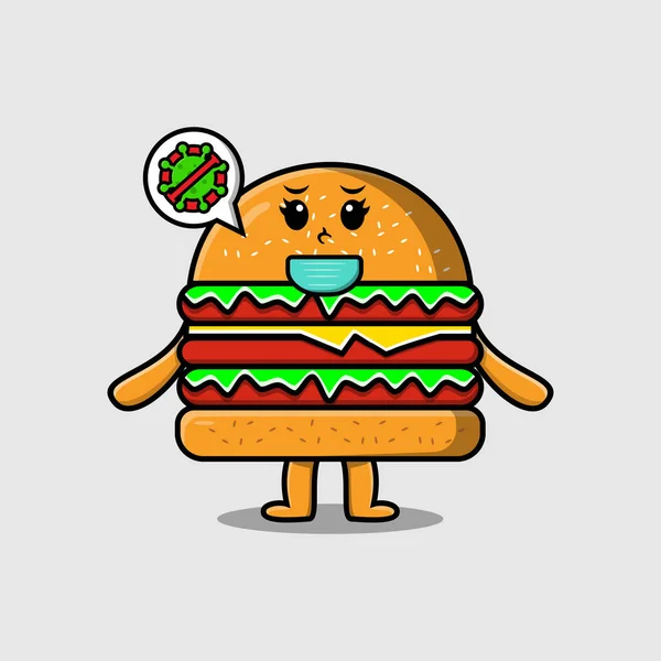 Söt Tecknad Illustration Burger Med Mask För Att Förhindra Virus — Stock vektor